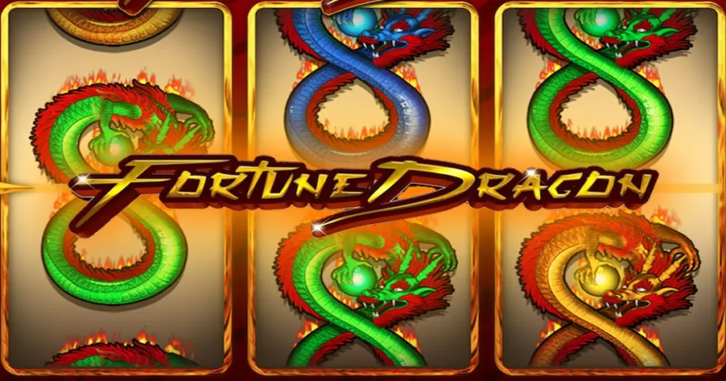 Tela do jogo Fortune Dragon PG com símbolos de dragões dourados e moedas da sorte em um fundo vermelho tradicional