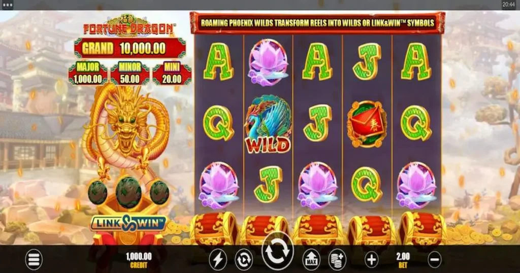 Tela do jogo Fortune Dragon PG com símbolos de dragões dourados e moedas da sorte em um fundo vermelho tradicional
