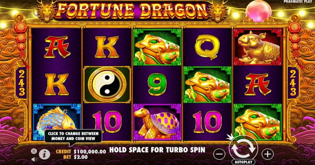 Tela do jogo Fortune Dragon mostrando recursos de bônus e giros gratuitos."