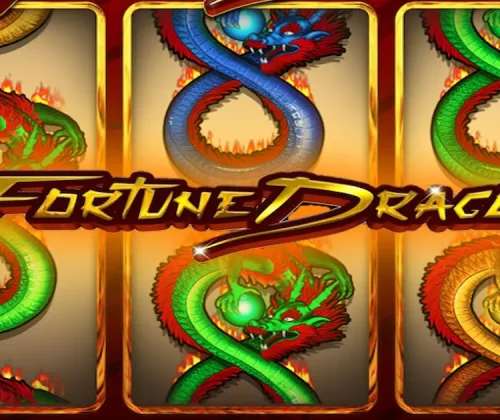 Tela do jogo Fortune Dragon PG com símbolos de dragões dourados e moedas da sorte em um fundo vermelho tradicional