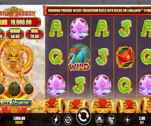 Tela do jogo Fortune Dragon PG com símbolos de dragões dourados e moedas da sorte em um fundo vermelho tradicional