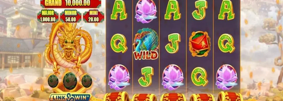 Tela do jogo Fortune Dragon PG com símbolos de dragões dourados e moedas da sorte em um fundo vermelho tradicional